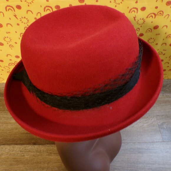 BOLLMAN HAT CO. Women's Vintage Short Brim Red Hat 100% Wool Doeskin Felt Lace - Picture 7 of 12